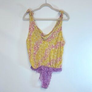 Free People Intimately Boho Women’s Size M Yellow Bodysuit Purple Lace Thong